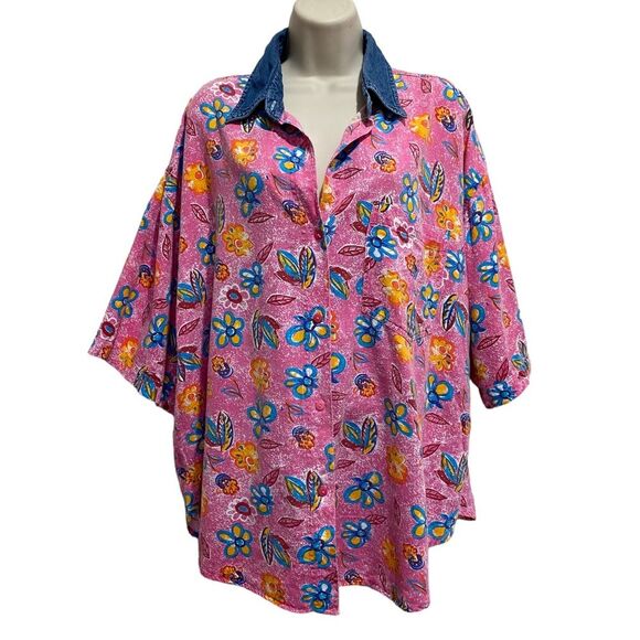 Vintage Quizz Plus Groovy Flower Power Artsy Denim Shirt Pink Sz 22 - Picture 1 of 11